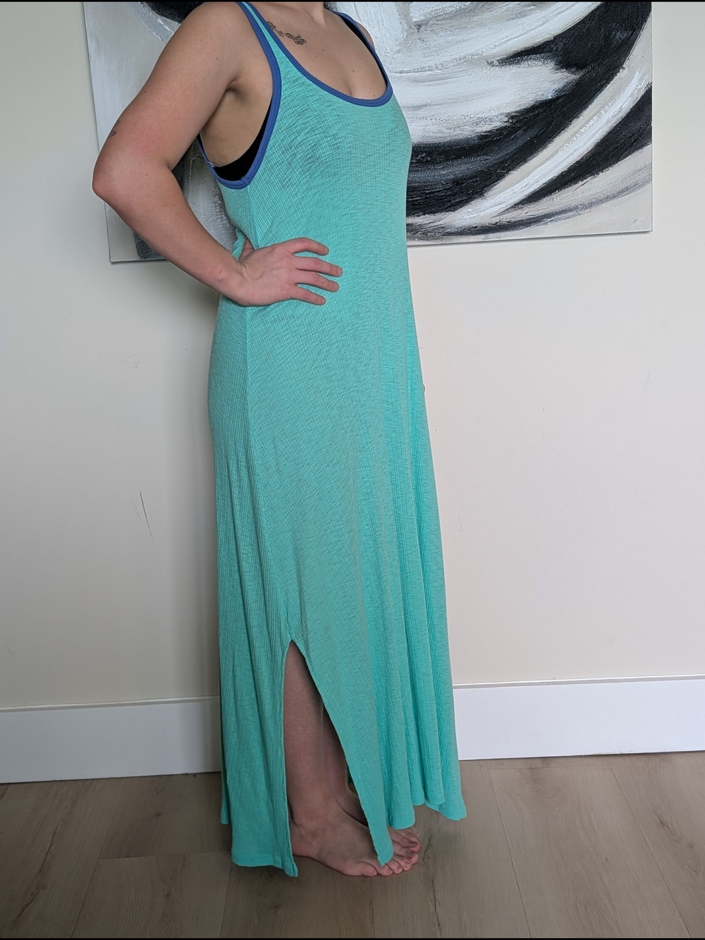 Sundry NWT Green Maxi Dress with Navy Trim